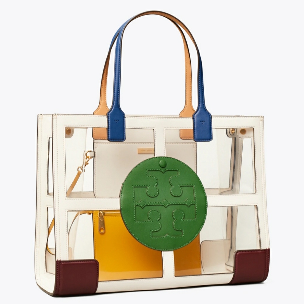 $428 Tory Burch Ella Clear Quadrant Tote Handbag